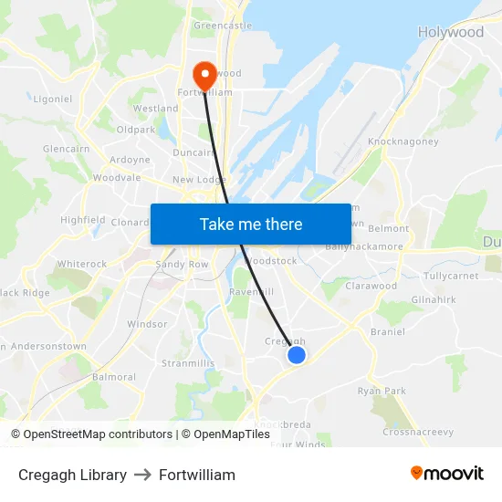 Cregagh Library to Fortwilliam map