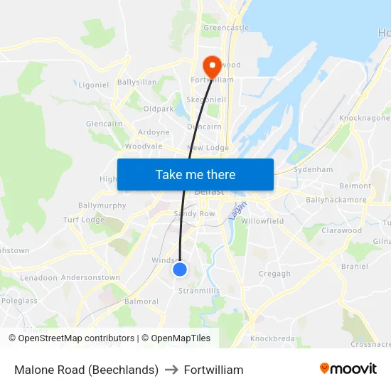 Malone Road (Beechlands) to Fortwilliam map