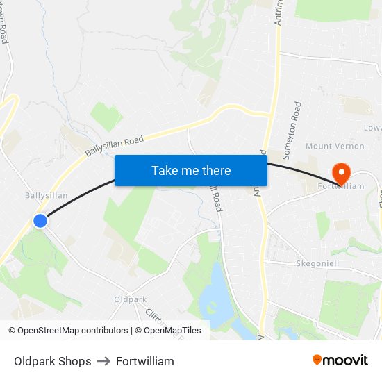 Oldpark Shops to Fortwilliam map