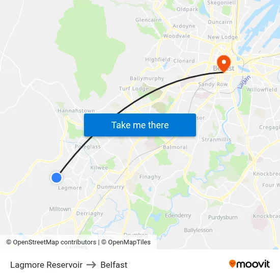Lagmore Reservoir to Belfast map