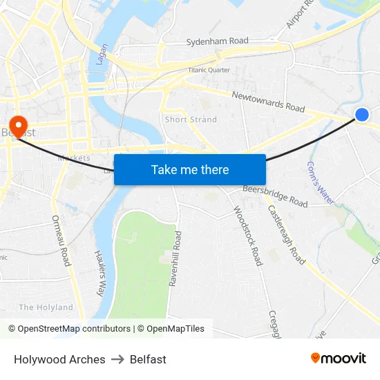 Holywood Arches to Belfast map
