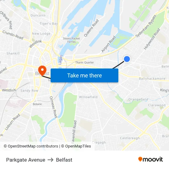 Parkgate Avenue to Belfast map