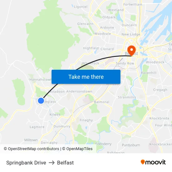 Springbank Drive to Belfast map