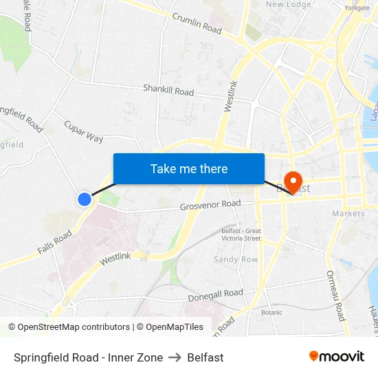 Springfield Road - Inner Zone to Belfast map