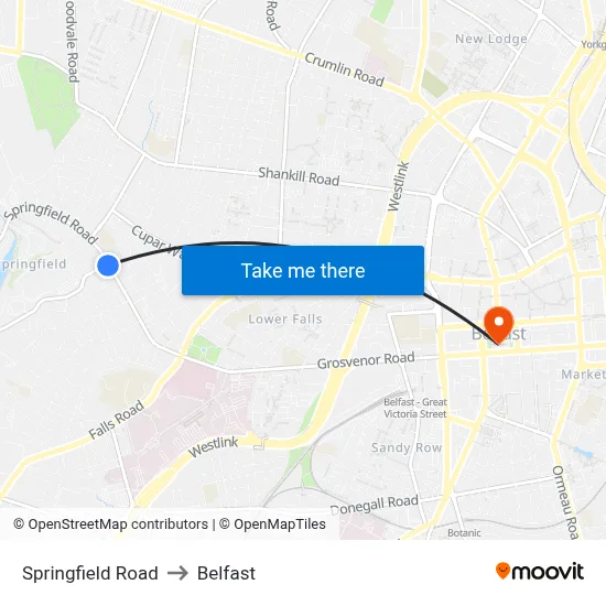 Springfield Road to Belfast map