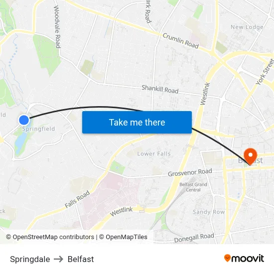 Springdale to Belfast map