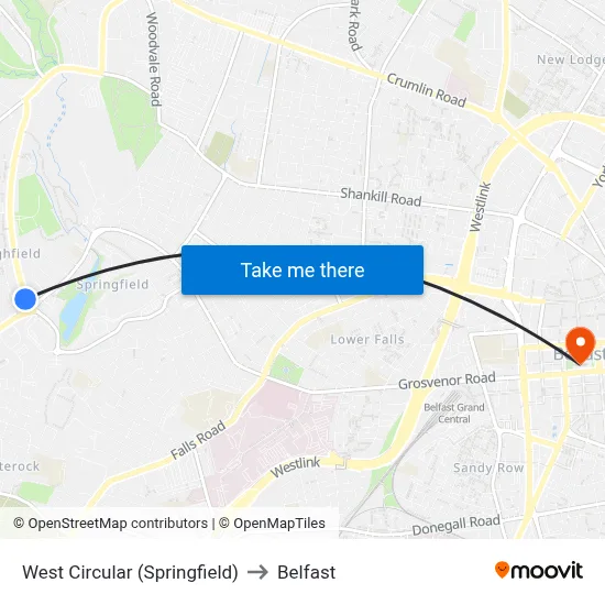 West Circular (Springfield) to Belfast map