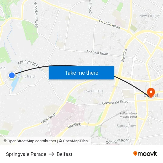 Springvale Parade to Belfast map