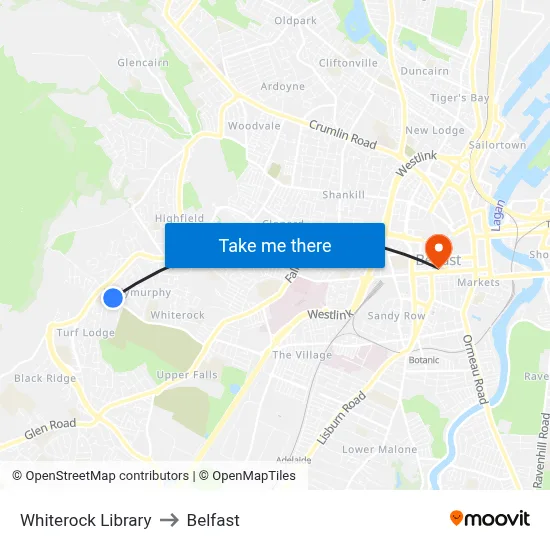 Whiterock Library to Belfast map