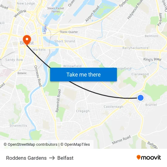 Roddens Gardens to Belfast map