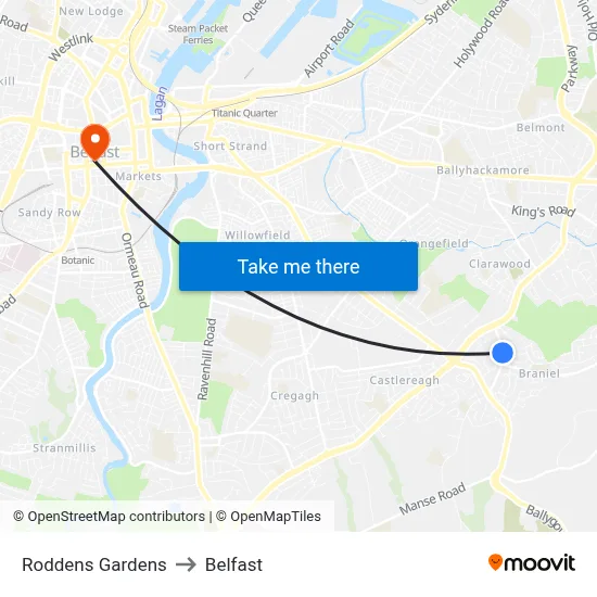 Roddens Gardens to Belfast map