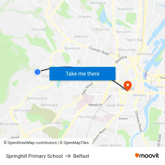 Springhill Primary School to Belfast map