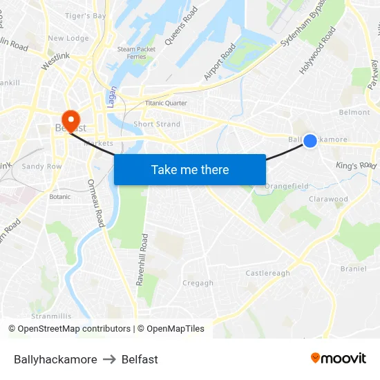 Ballyhackamore to Belfast map