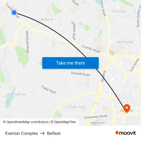 Everton Complex to Belfast map