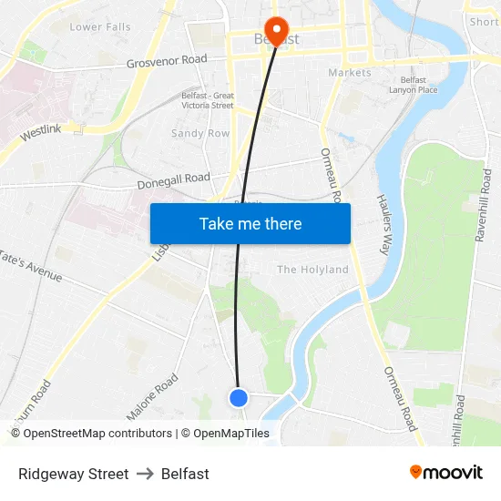 Ridgeway Street to Belfast map