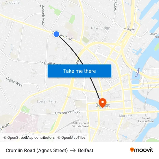 Crumlin Road (Agnes Street) to Belfast map