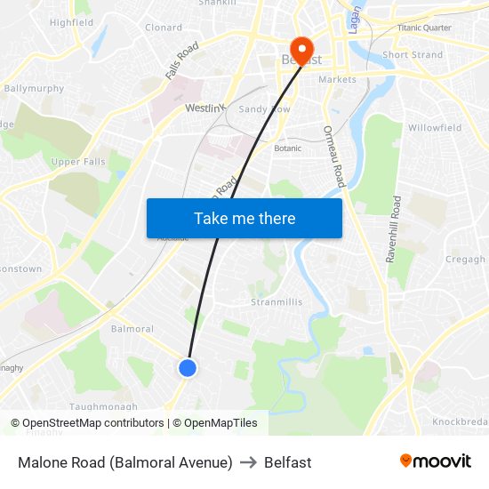 Malone Road (Balmoral Avenue) to Belfast map