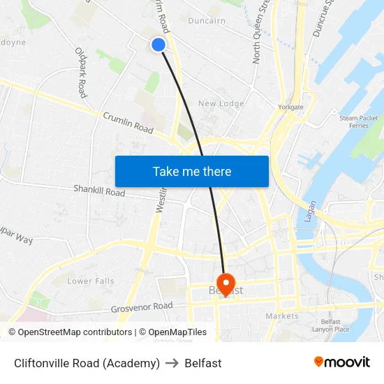 Cliftonville Road (Academy) to Belfast map