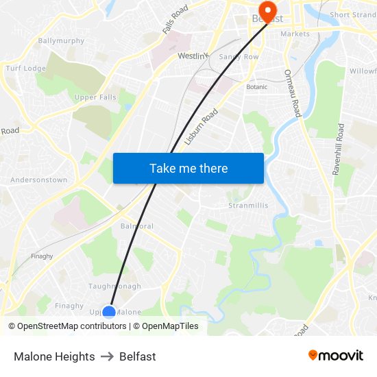 Malone Heights to Belfast map