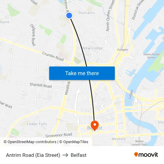 Antrim Road (Eia Street) to Belfast map