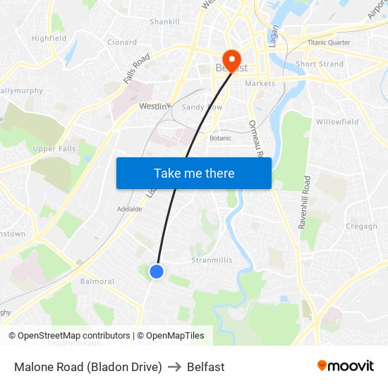 Malone Road (Bladon Drive) to Belfast map