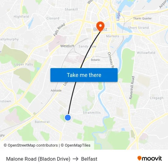 Malone Road (Bladon Drive) to Belfast map