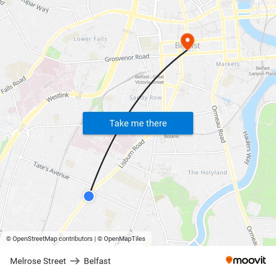 Melrose Street to Belfast map