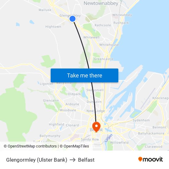 Glengormley (Ulster Bank) to Belfast map