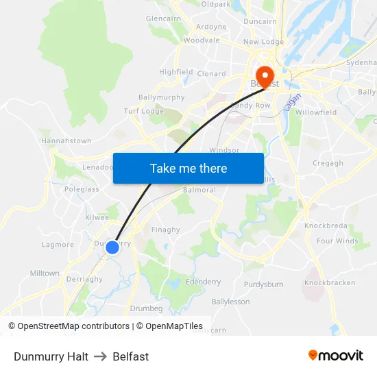 Dunmurry Halt to Belfast map
