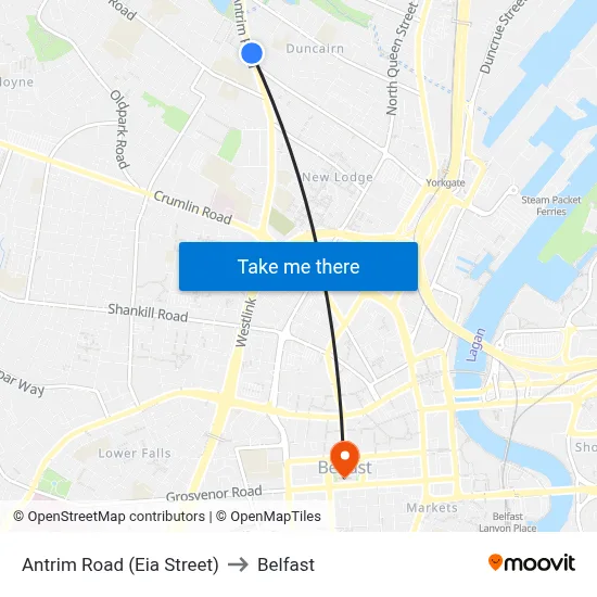 Antrim Road (Eia Street) to Belfast map