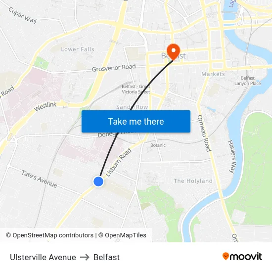 Ulsterville Avenue to Belfast map
