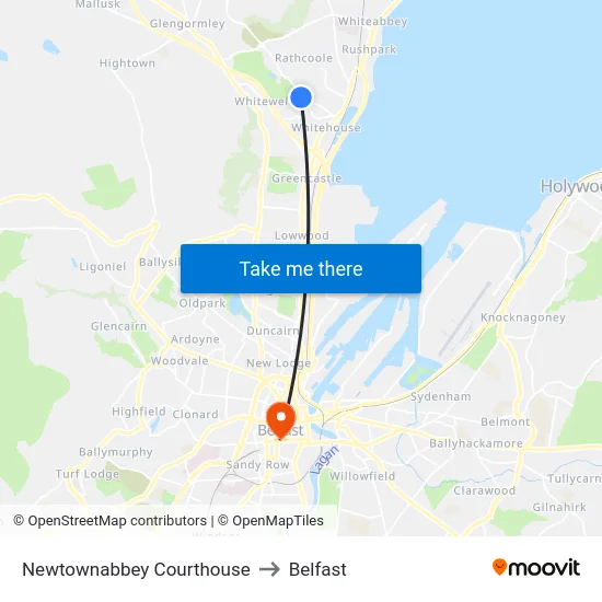 Newtownabbey Courthouse to Belfast map