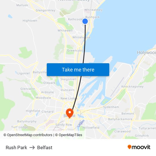 Rush Park to Belfast map