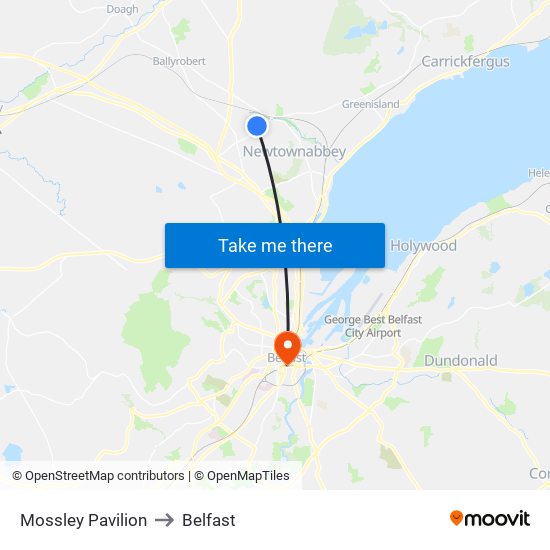 Mossley Pavilion to Belfast map