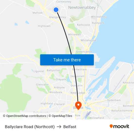 Ballyclare Road (Northcott) to Belfast map