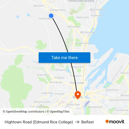 Hightown Road (Edmund Rice College) to Belfast map