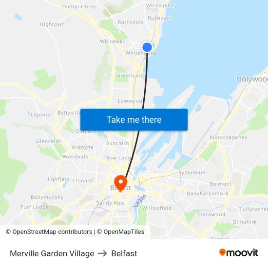 Merville Garden Village to Belfast map