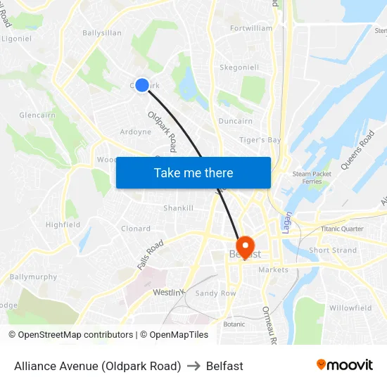 Alliance Avenue (Oldpark Road) to Belfast map