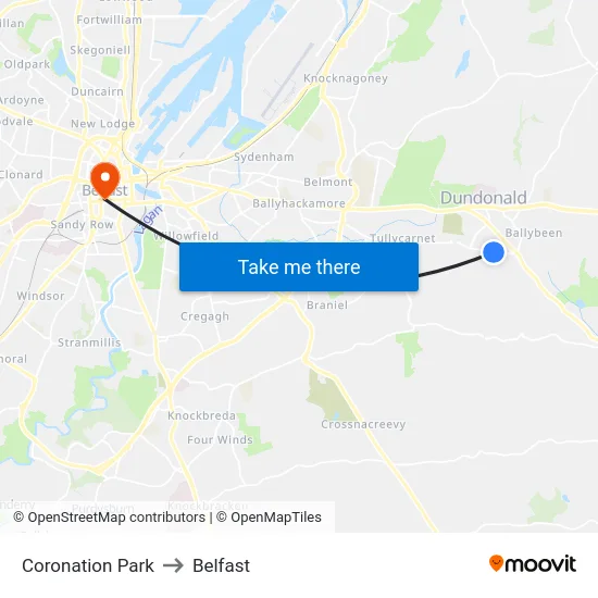 Coronation Park to Belfast map