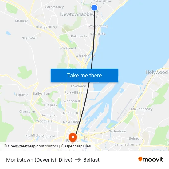 Monkstown (Devenish Drive) to Belfast map