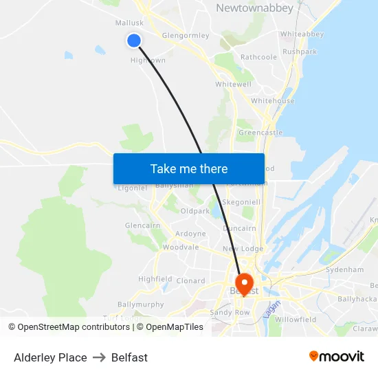 Alderley Place to Belfast map