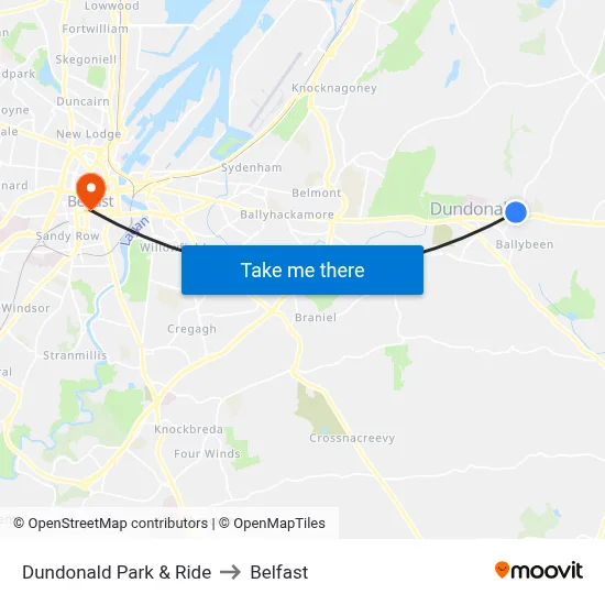 Dundonald Park & Ride to Belfast map