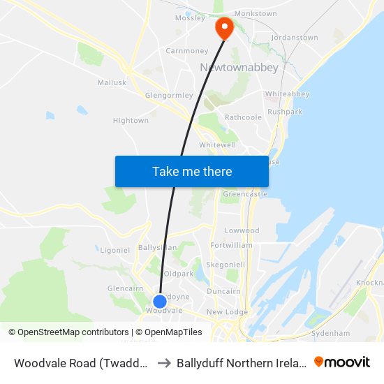 Woodvale Road (Twaddell) to Ballyduff Northern Ireland map