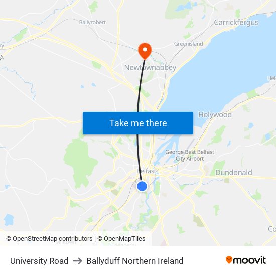University Road to Ballyduff Northern Ireland map