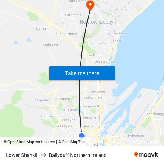 Lower Shankill to Ballyduff Northern Ireland map