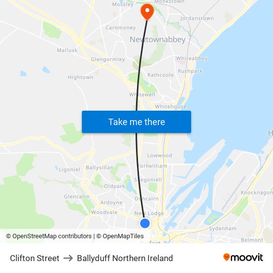 Clifton Street to Ballyduff Northern Ireland map