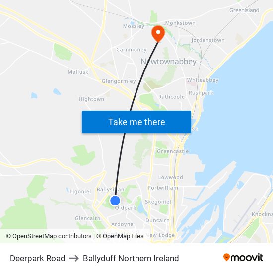 Deerpark Road to Ballyduff Northern Ireland map