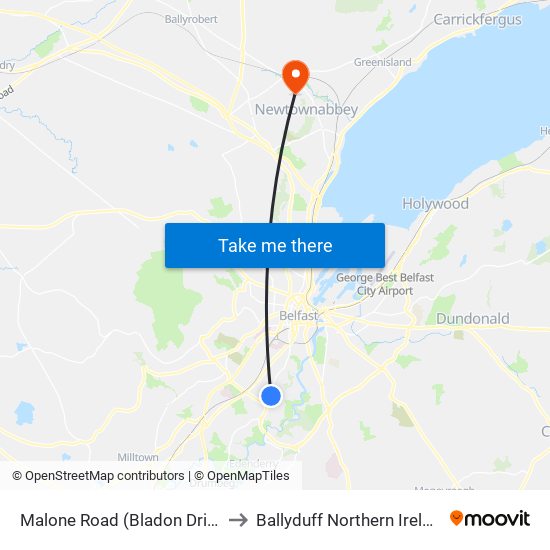 Malone Road (Bladon Drive) to Ballyduff Northern Ireland map