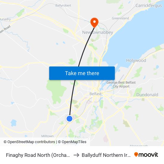 Finaghy Road North (Orchardville) to Ballyduff Northern Ireland map