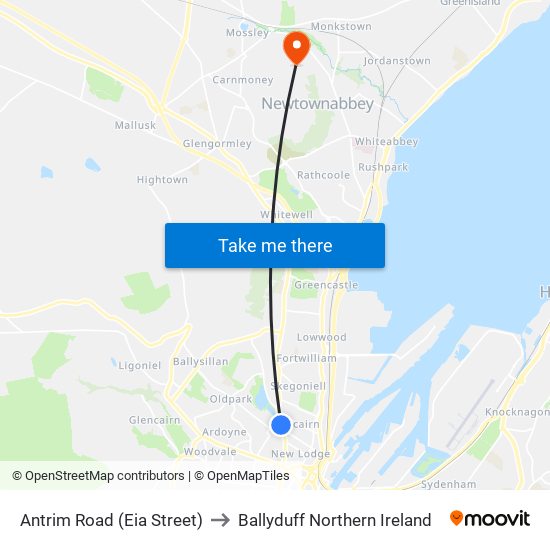 Antrim Road (Eia Street) to Ballyduff Northern Ireland map